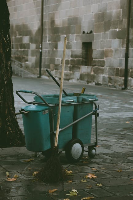 A green street cleaning trolley with two large wheels, positioned on a paved sidewalk next to a tree trunk, with a mop leaning against it. The trolley contains cleaning supplies such as brushes and cl